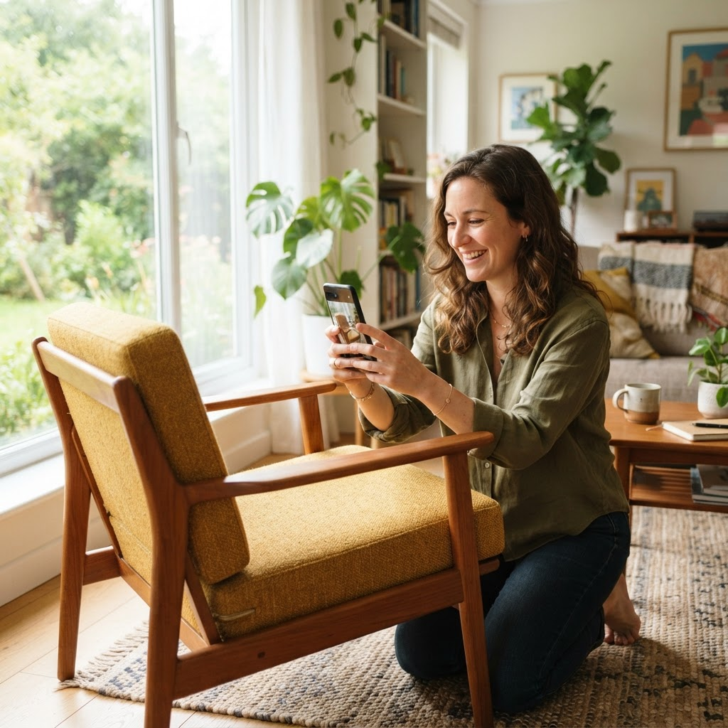 A person photographing furniture with a phone to create a ClickListSell listing